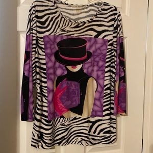 Peter Nygard sz 12 top. Zebra stripe with print, lady with hat. Striking.Stretch